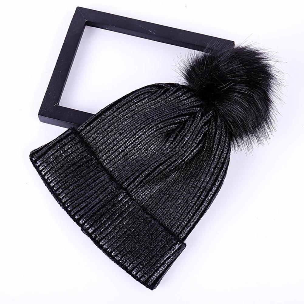Hair Ball Warm Knitted Metallic Shiny Girl Autumn Winter Soft Crochet Cute Pompom Cap Beanie Windproof Solid Women Hats