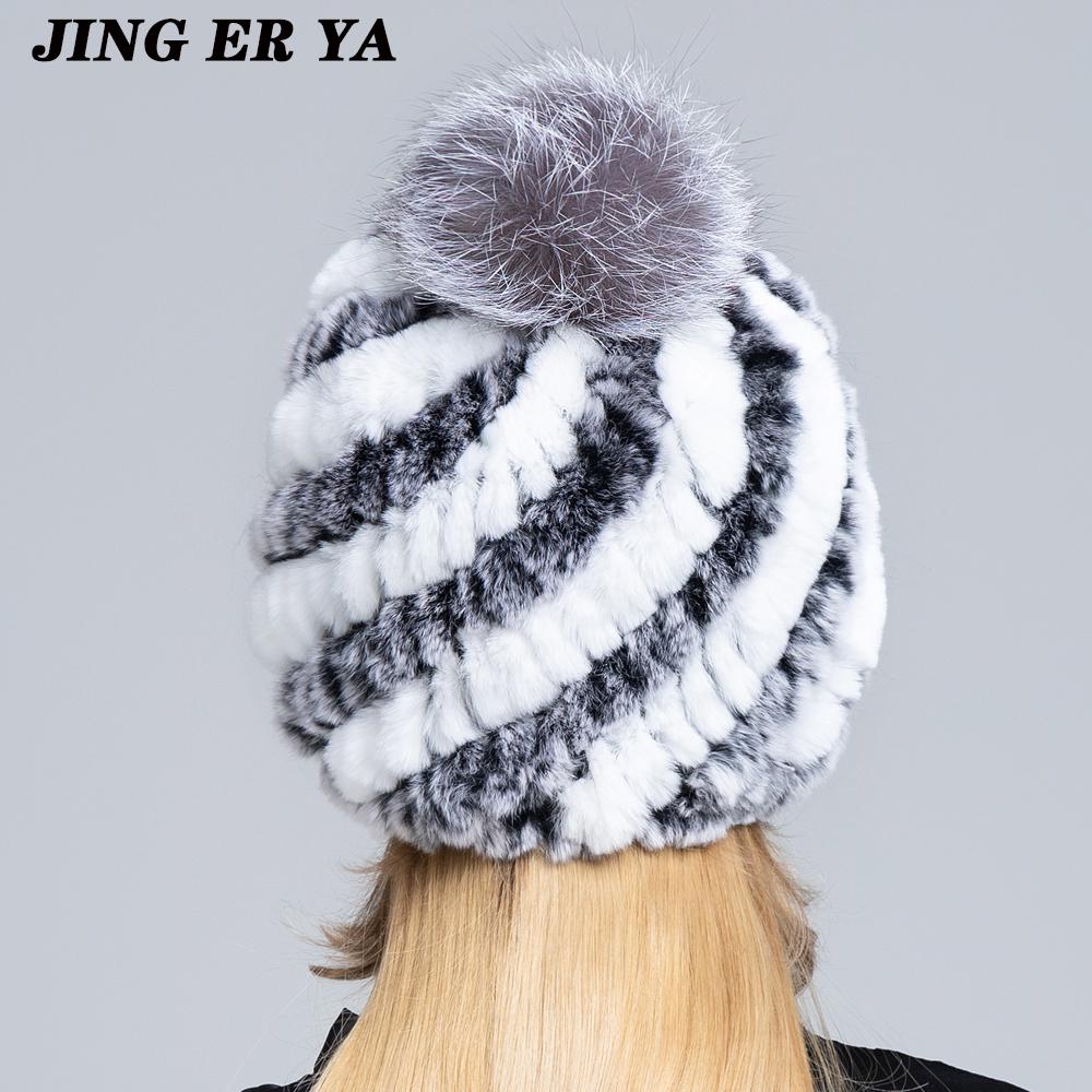 Вязаные шапки с помпоном для женщин, шапочки, однотонные эластичные шапки из меха кролика рекс, зимняя шапка Skullies, модные шапки из натурального меха