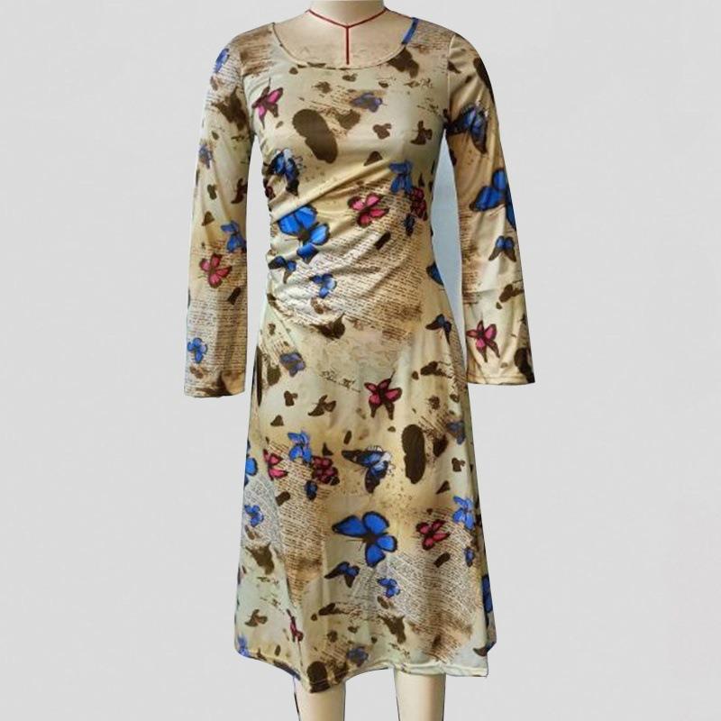 Женское элегантное платье с круглым вырезом и принтом в виде бабочки и длинными рукавами, облегающее по талии