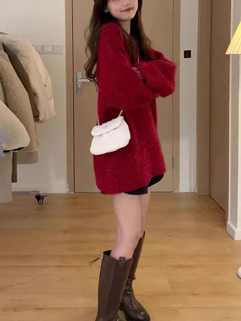 Women's Cherry Red Retro Knit Sweater - Autumn/Winter Loose Fit Long Sleeve Pullover