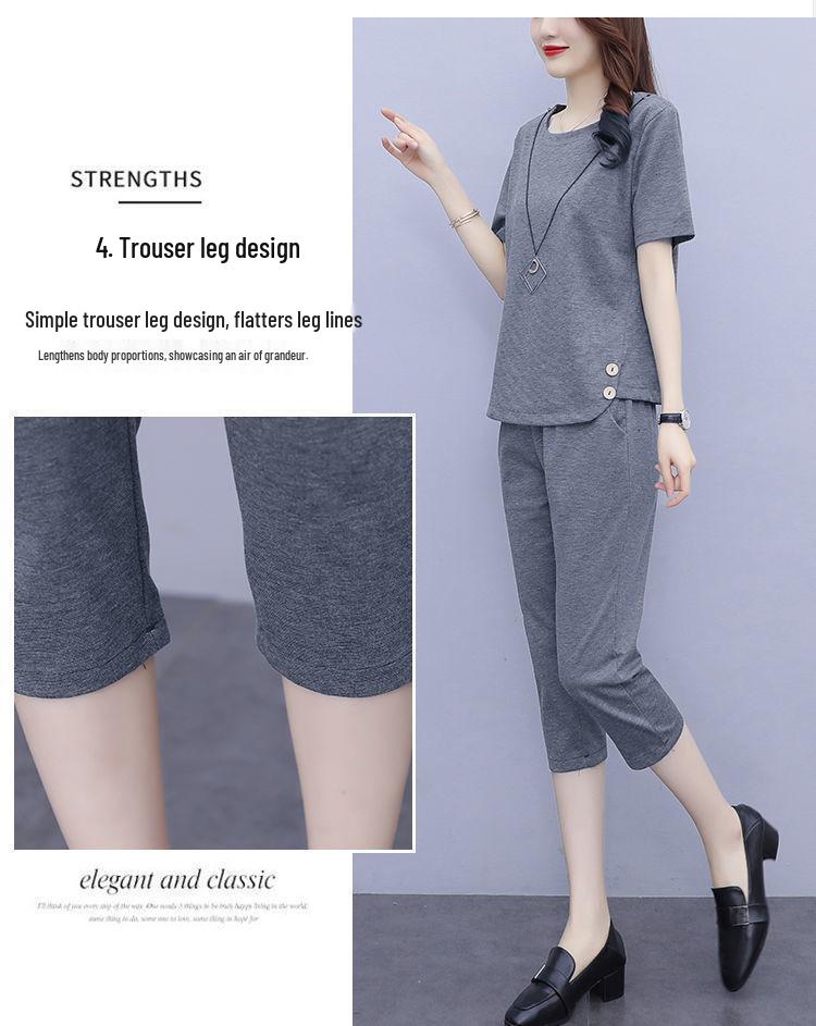 Модный женский летний костюм-двойка больших размеров: Футболка с коротким рукавом и укороченные брюки