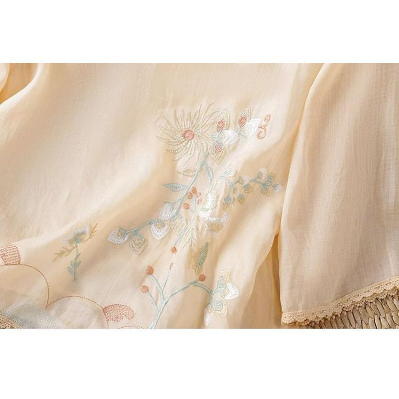 Женские рубашки в национальном стиле, литературные, ретро, с вышивкой, с рукавом три четверти, летние, на косых пуговицах, новые топы в стиле дзен