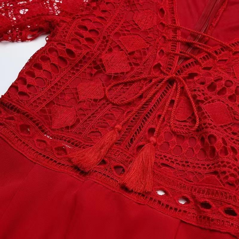 Женское летнее водорастворимое кружевное вязанное крючком шифоновое платье с V-образным вырезом и расклешенными длинными рукавами