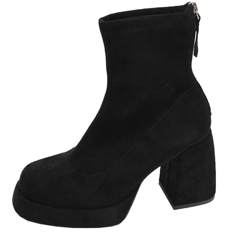 Черные британские ботинки Мартина на высоком толстом каблуке женские 2025 новые осенние ретро универсальные и тонкие короткие ботинки