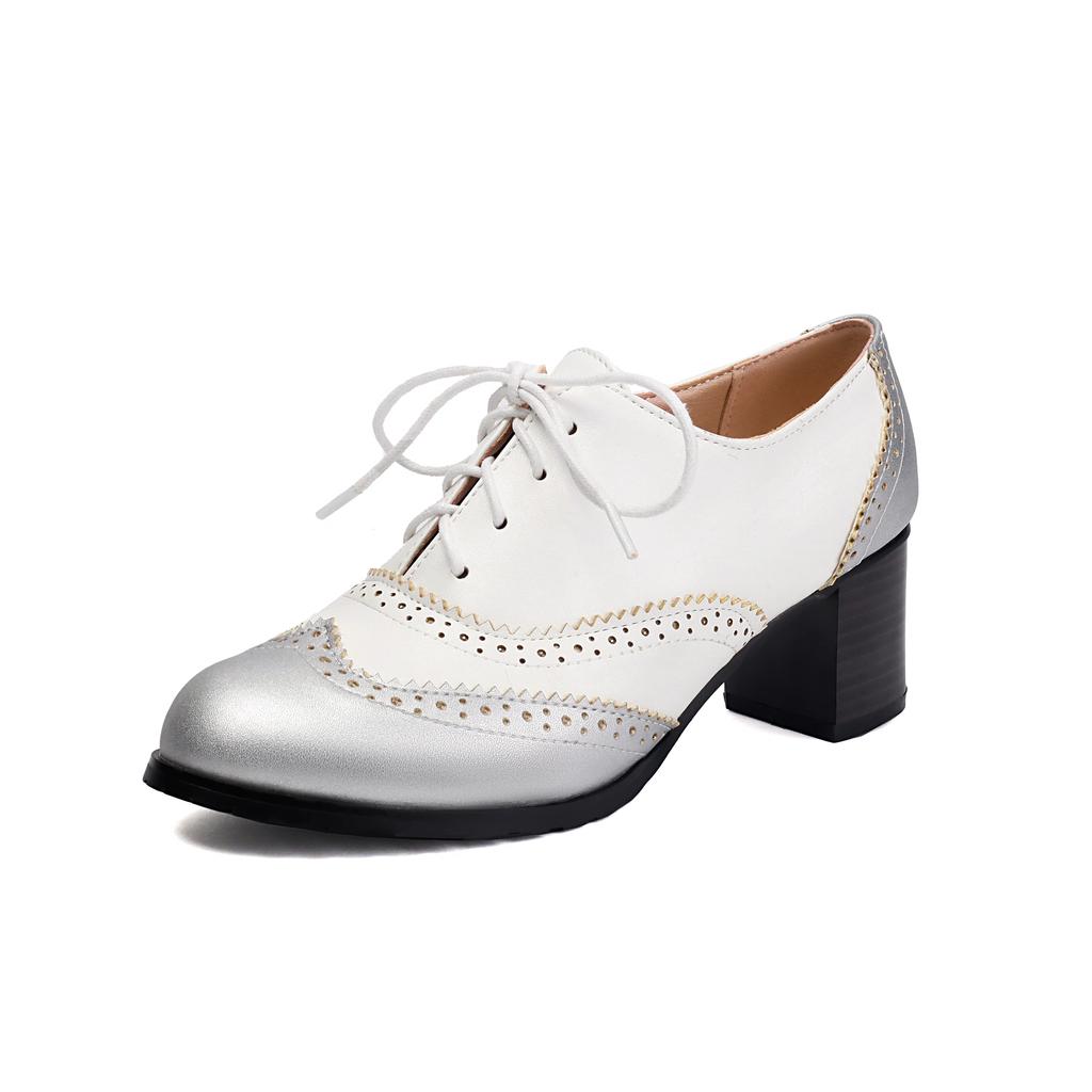 Мода 2025 Новые Туфли-лодочки Женские Туфли Круглый Носок Высокий Каблук Платформа Броги Студенческие Резные Ретро Шнуровка Классические Весна Серебристый Черный Коричневый