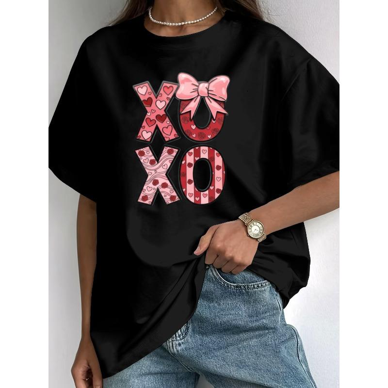 Женская футболка с коротким рукавом, европейский размер, пять цветов. "XOXO" Футболка с принтом ко Дню святого Валентина Женская Летняя Новая Розовый Бант и Принт с Сердечками Топ