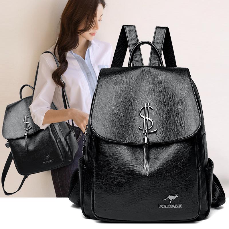 Fashion Tassel Backpack Women Simple Soft Leather Large Capacity Schoolbag Women Travel Backpack Mother Bag