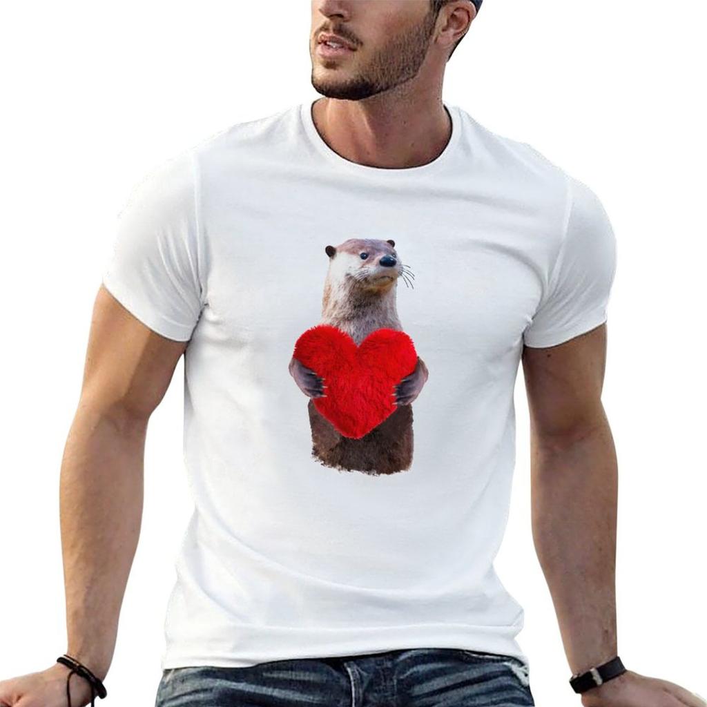 Otter and love sweet red heart TShirt All Match Basic Short Sleeve Top