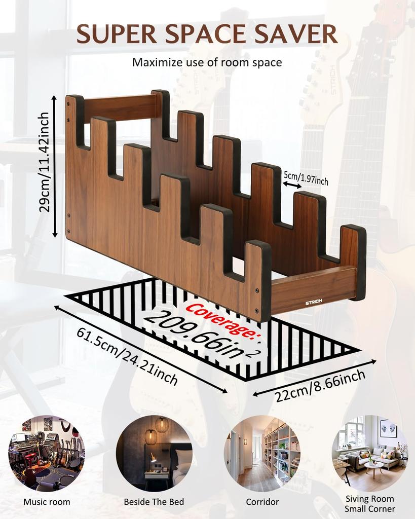 STRICH Wooden Guitar Front Stand for and Stage Walnut Color 5 L-5EW Floor-Mounted Stand, 5-Guitar Capacity, Display, Space-Saving, Multi-Guitar Home,