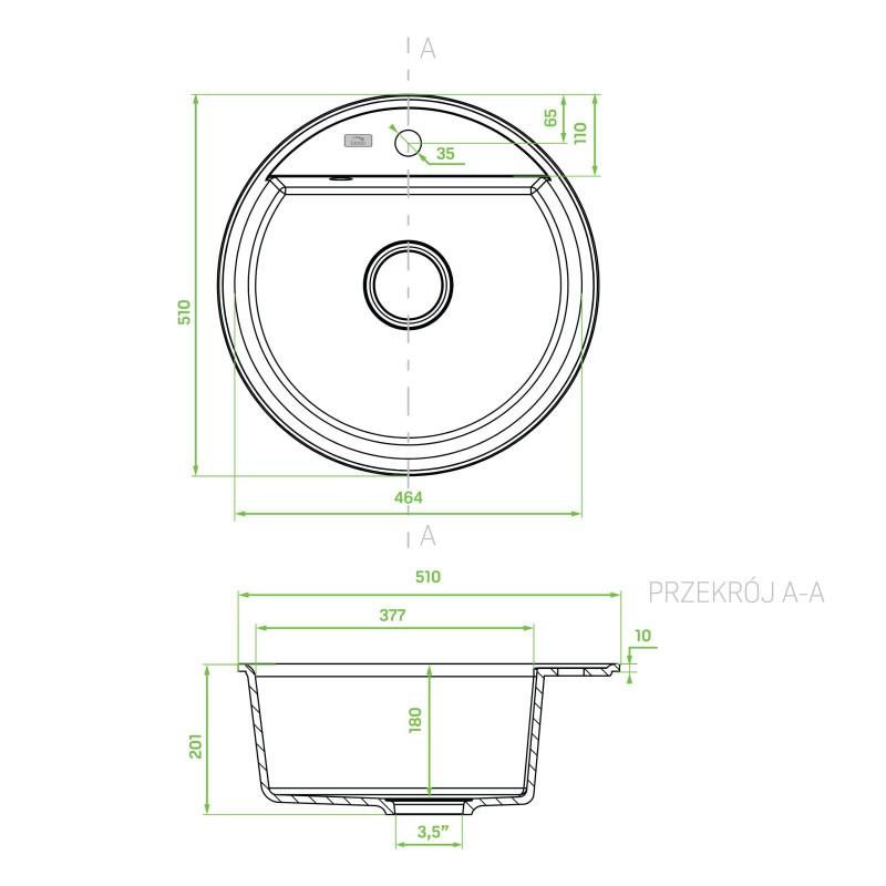 Zlewozmywak Granitowy Okrągły Volcano Muna 1-Komorowy 510X510 Mm Syfon Space Saving