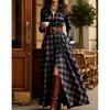 Plus Size Womens French Vintage Plaid Wrap Asymmetrical Midi Dress With Belt Long Sleeve A-Line Skirt Casual
