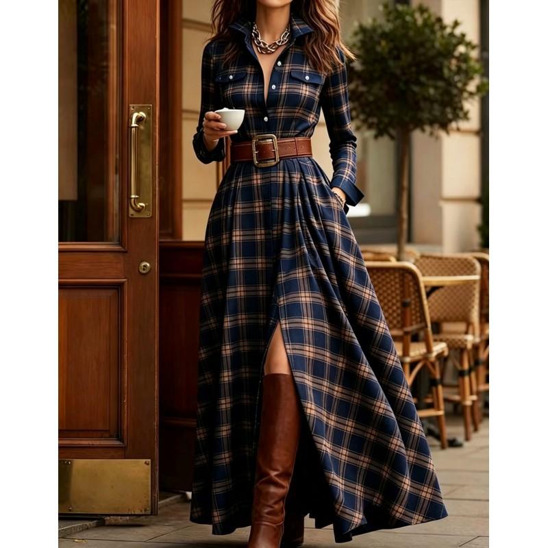 Plus Size Womens French Vintage Plaid Wrap Asymmetrical Midi Dress With Belt Long Sleeve A-Line Skirt Casual