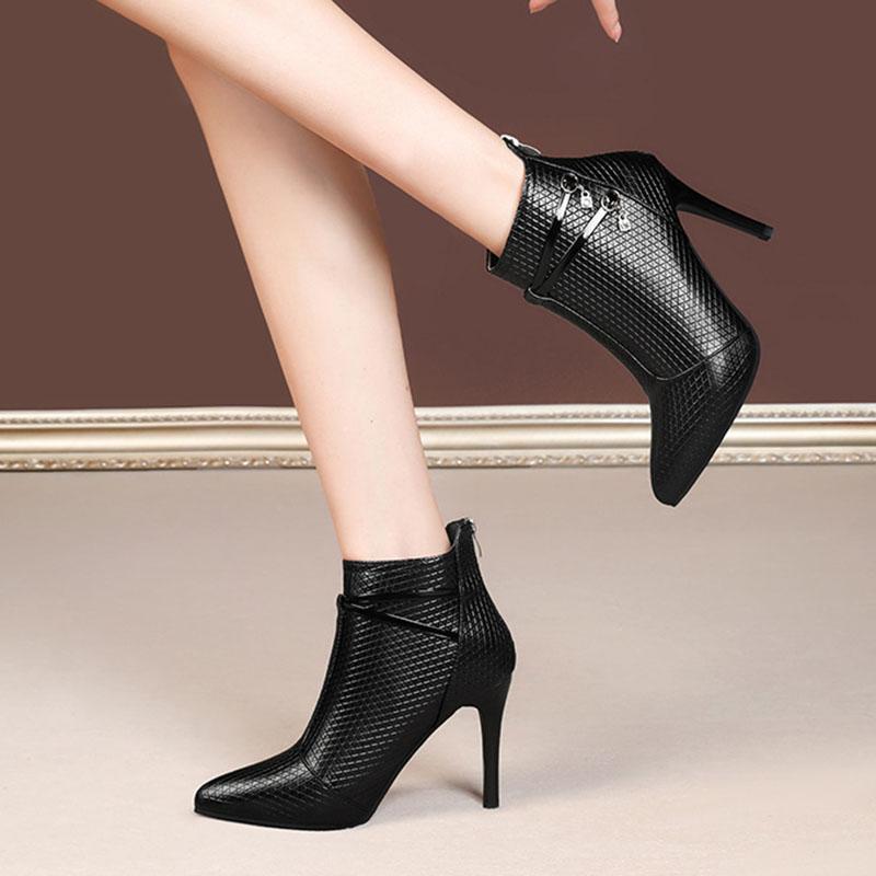 Botas Mujer Invierno 2024 Осень Шпильки Тонкие Высокие Каблуки Женские Острые Носки Искусственная Кожа Молния Сексуальные Ботильоны Женские Черные