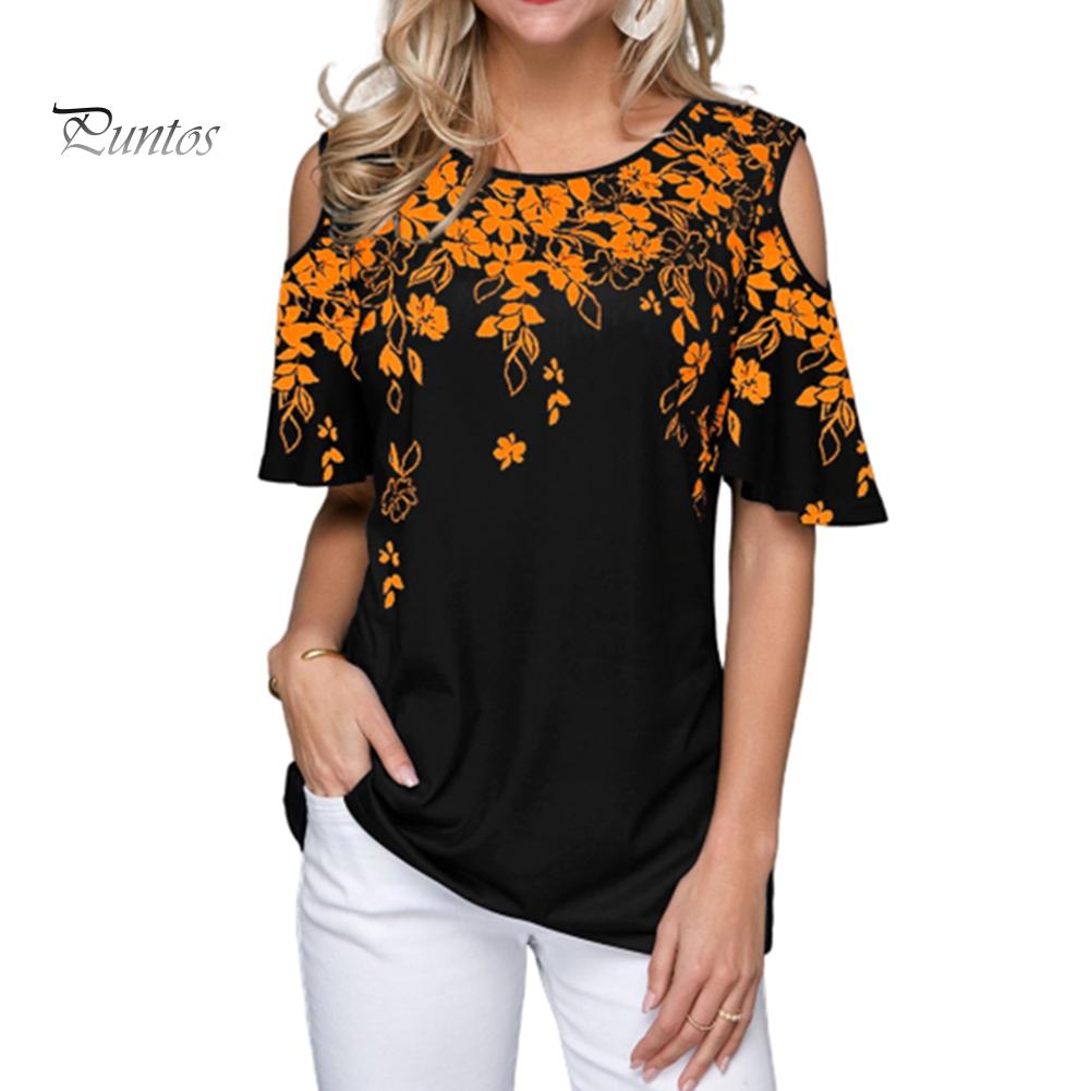 Женская сексуальная футболка с коротким рукавом с круглым вырезом и цветочным принтом, свободная футболка с открытыми плечами