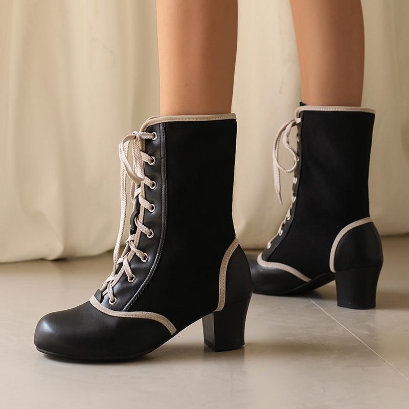 2024 Осень Зима Ретро Женские Ботильоны Смешанные Цвета Косплей Ботинки ПУ Пэчворк Флок Удобные Массивные Каблуки Обувь
