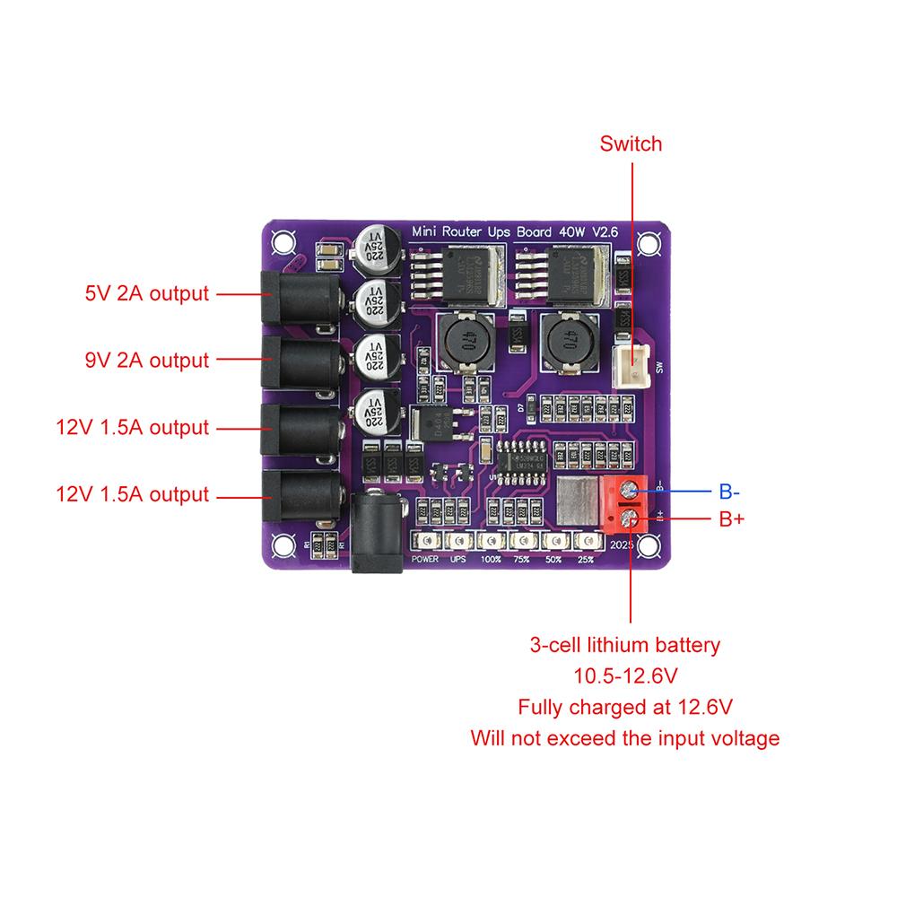 40W Uninterruptible Power Supply Module 4-Channel Output Battery Charging Board Mini Router UPS Power Module Battery Indicator