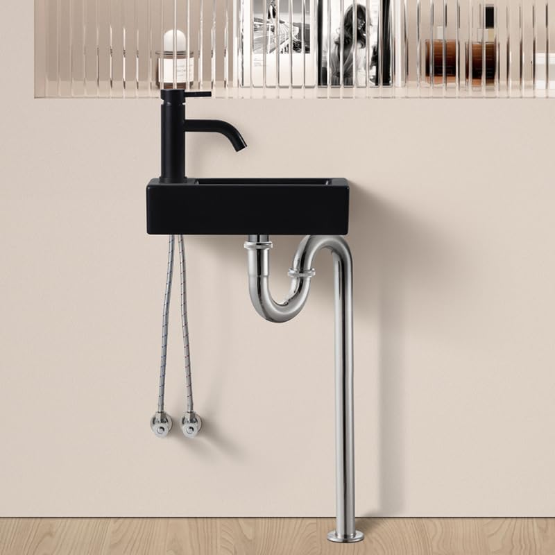 JOMOWN Раковина для мытья рук, черная, настенная, с S-образным сифоном, компактная, маленькая, мини-раковина для мытья рук, настенная, керамическая