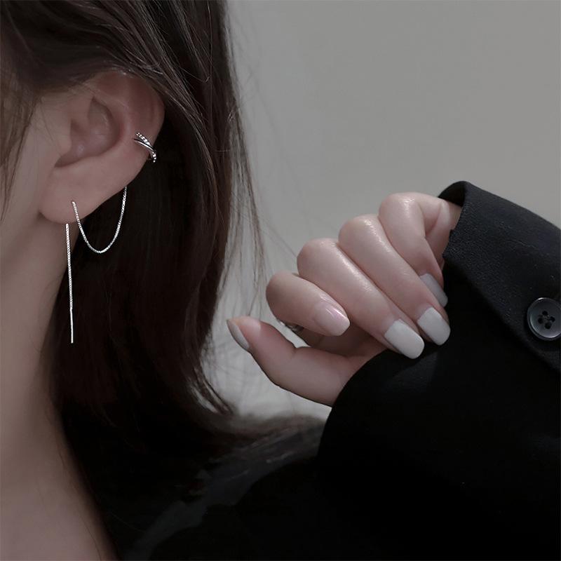 1 шт., серьги-гвоздики с перекрестной цепочкой, длинная бахрома, серьги-гвоздики с цирконием, простые серебряные зажимы для ушей, модные женские украшения
