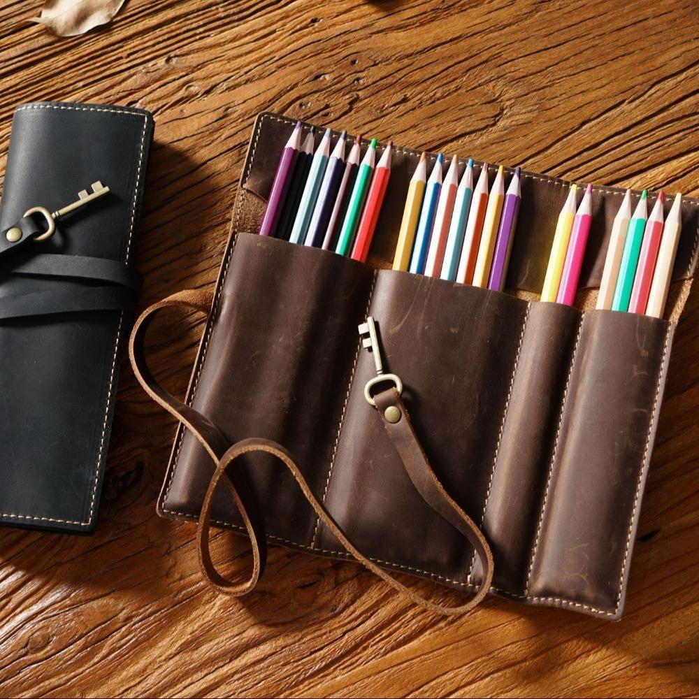 Genuine Leather Foldable Leathe Pencil Bag Pens Bag Nature Cowhide Pen Protection Bag School