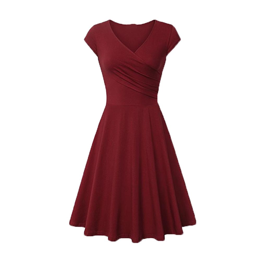 Fashion Women Solid Color Dress V-Neck Short Sleeve Evening Party Dress
