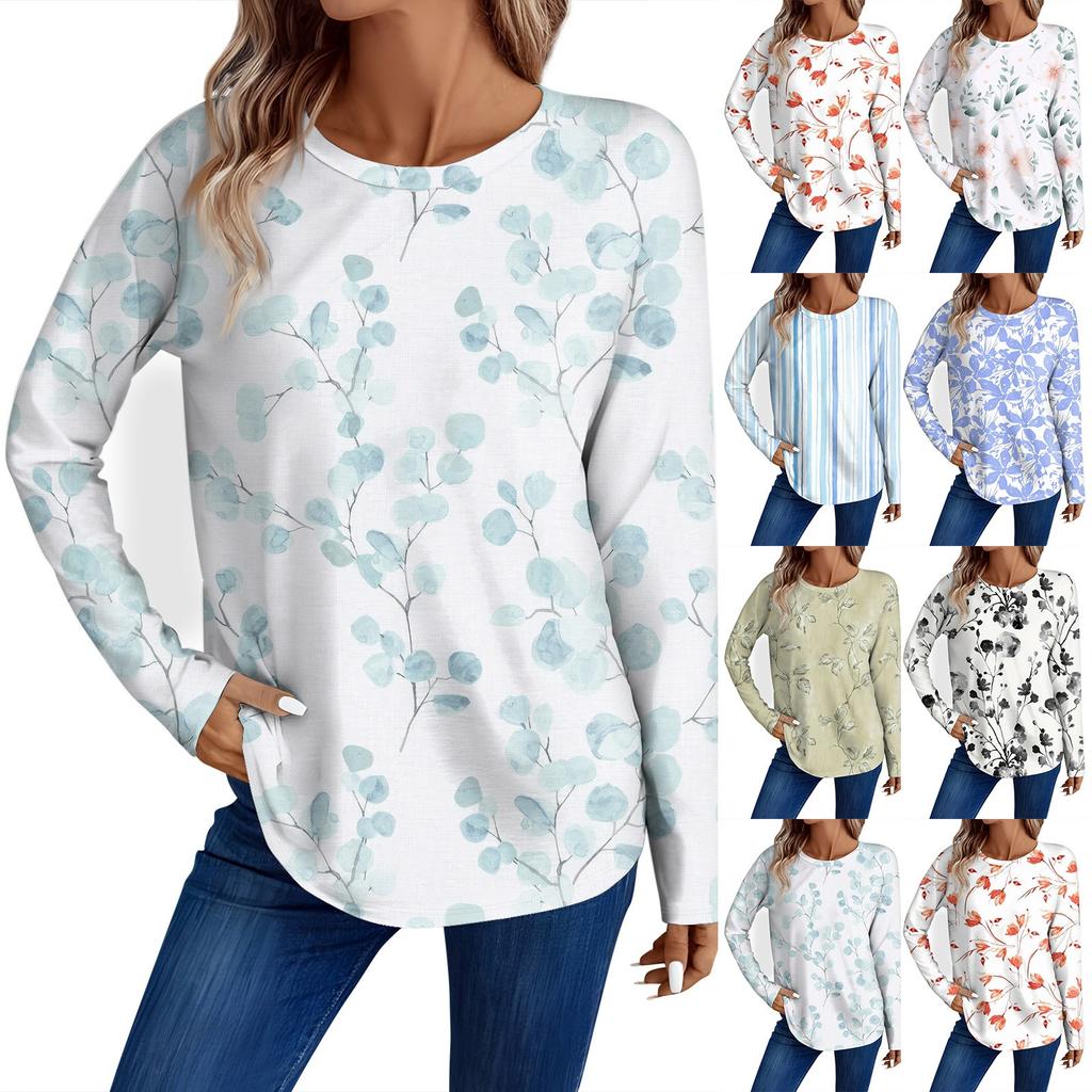 Women's Fashion Casual Long Sleeve Floral Print Round Neck Top