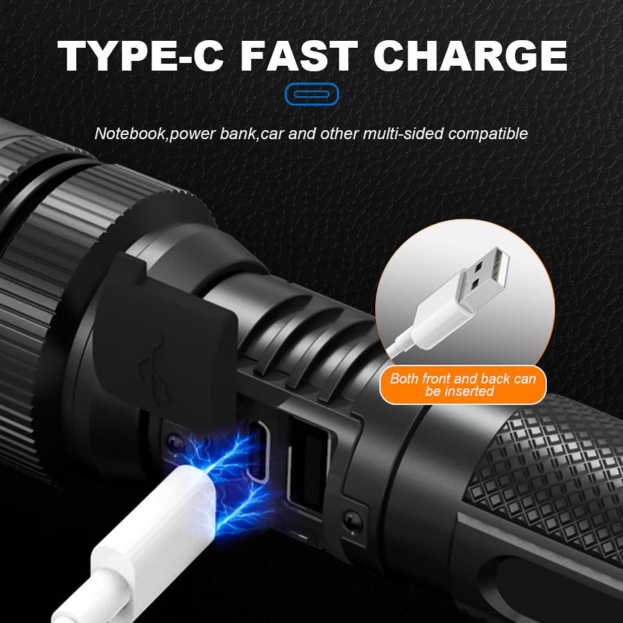 High Strong Power Led Tactical Flashlights Spotlights Telescopic Zoom Built-in Battery USB Rechargeable Camping Emergency Torch