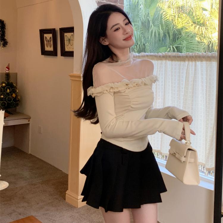 Coquette Beige Crop T-shirts Women Y2k Fairycore Ruffles Mesh Patchwork Long Sleeve Tops Korean Style Slim Corset Tees