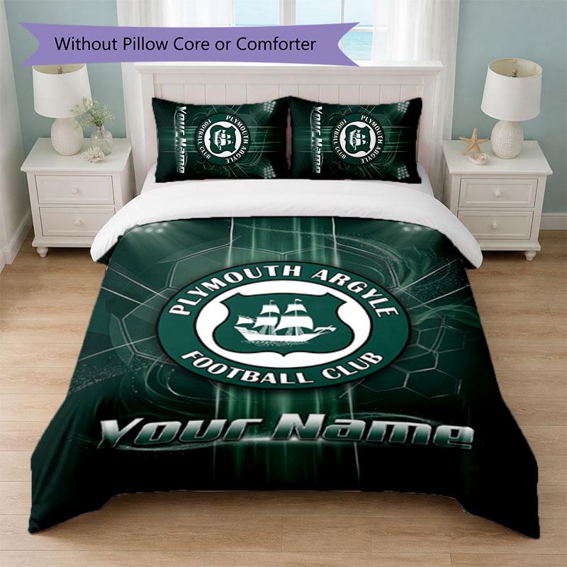 Plymouth Argyle FC Custom Name Text Bedding Set 1 Duvet Cover+2 Pillowcases Soccer Logo Personalized Gift For Special Occasion Bedroom Decor