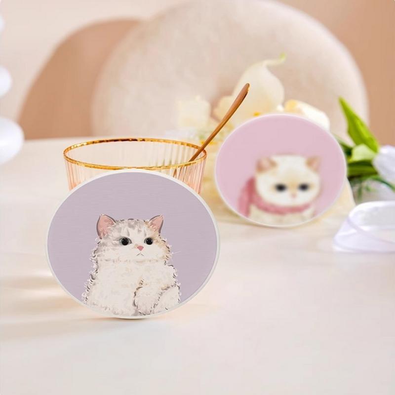 Круглые мультяшные подставки для котят из диатомовой грязи, впитывающие, термостойкие, декор стола, милый кошачий узор, быстросохнущие коврики для кофейных чашек