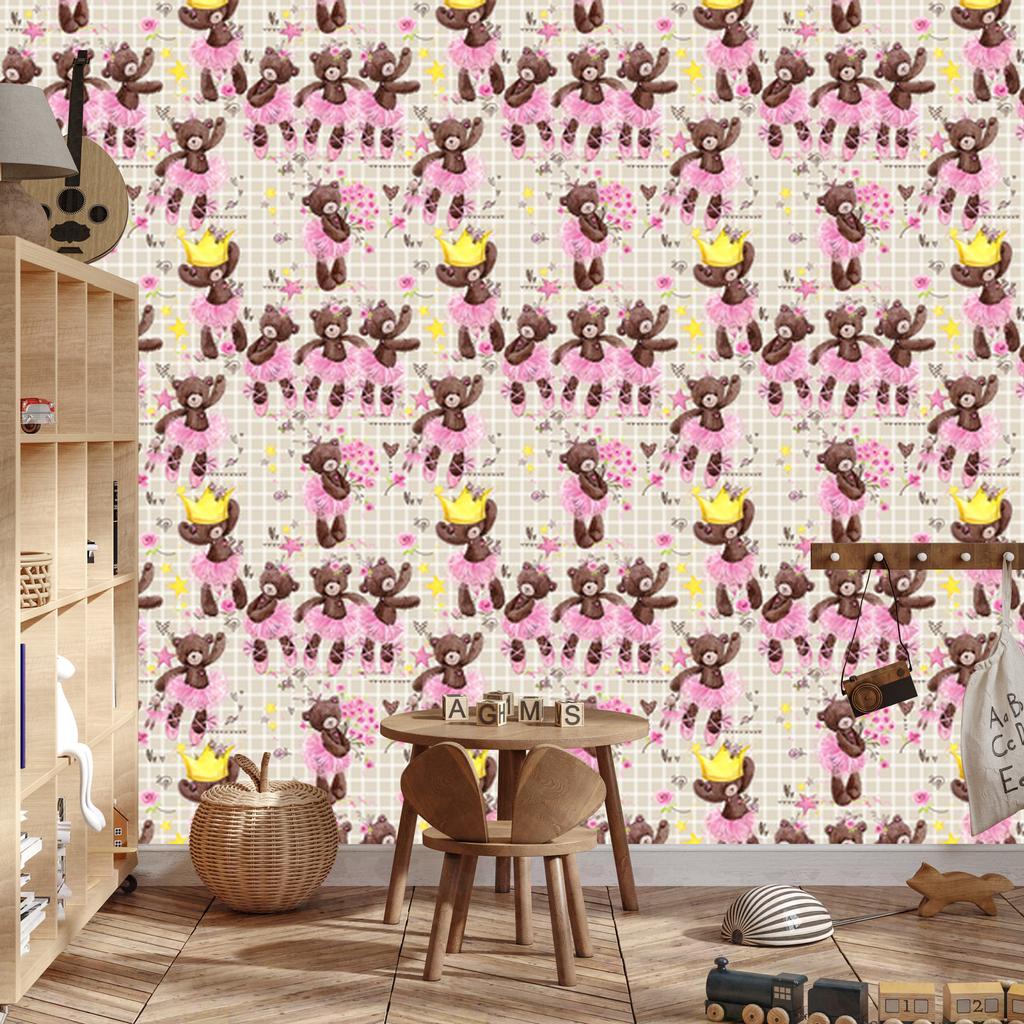 Wallpaper with a checkered pattern of teddy bears, flowers and roses for the living room and bedroom 50x1000