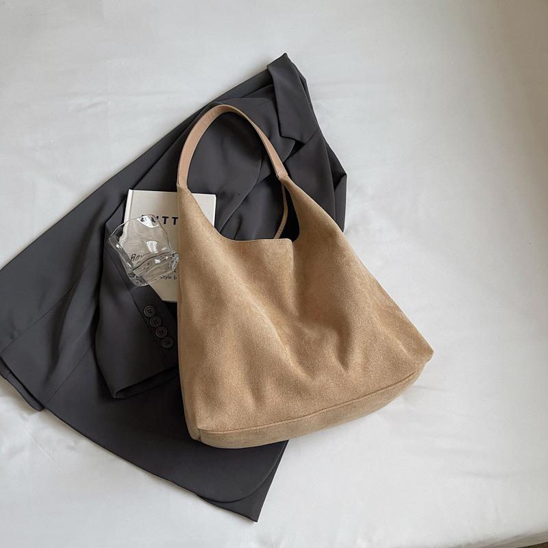 Women Suede Shoulder Bag Retro Single Shoulder Bag Large Capacity Simple Tote Handbag Solid Color Hasp Closure Top Handle Bag
