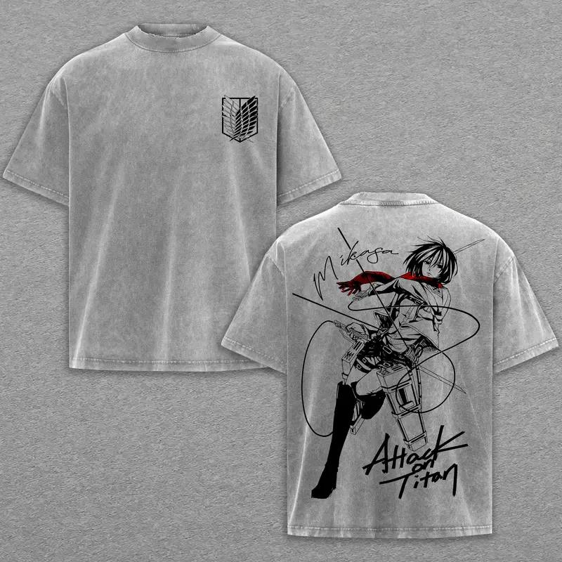 Anime Attack On Titan Mikasa Graphic T Shirt Men Women Short Sleeve Clothing Oversized Cotton Tshirt Washed T-shirt Harajuku Top