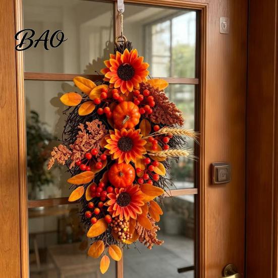 Double Door Hanging Wreath Fall Sunflower Swags Wreath, Maple Leaves And Berries Decor Artificial Thanksgiving Autumn Seasonal Farmhouse Front