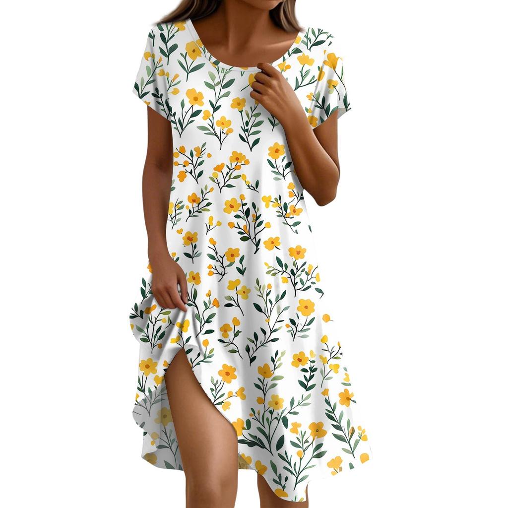 Short Sleeve Boho Dress For Women Casual Loose Fit Sundress Print Round Neck Dress With Pockets