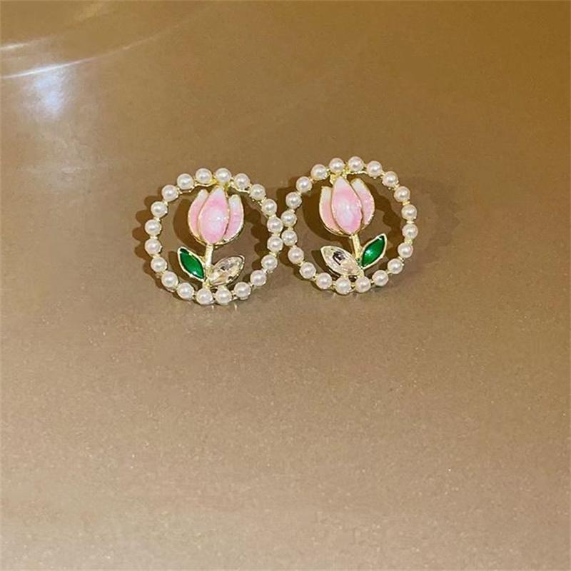 Романтичные серьги-гвоздики с жемчужными цветами для женщин, корейские эмалевые сладкие цветы тюльпана, изысканные серьги, украшения для вечеринок
