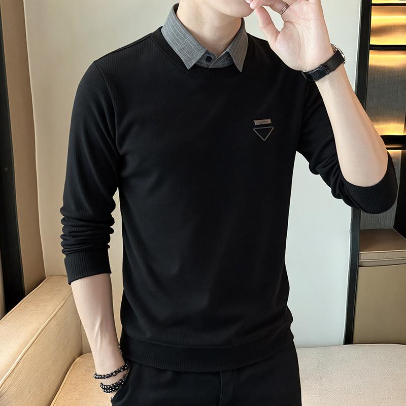 Осенний свитшот мужской с длинным рукавом, модный топ с воротником-рубашкой из двух частей, новая футболка, базовая футболка, наряд для папы