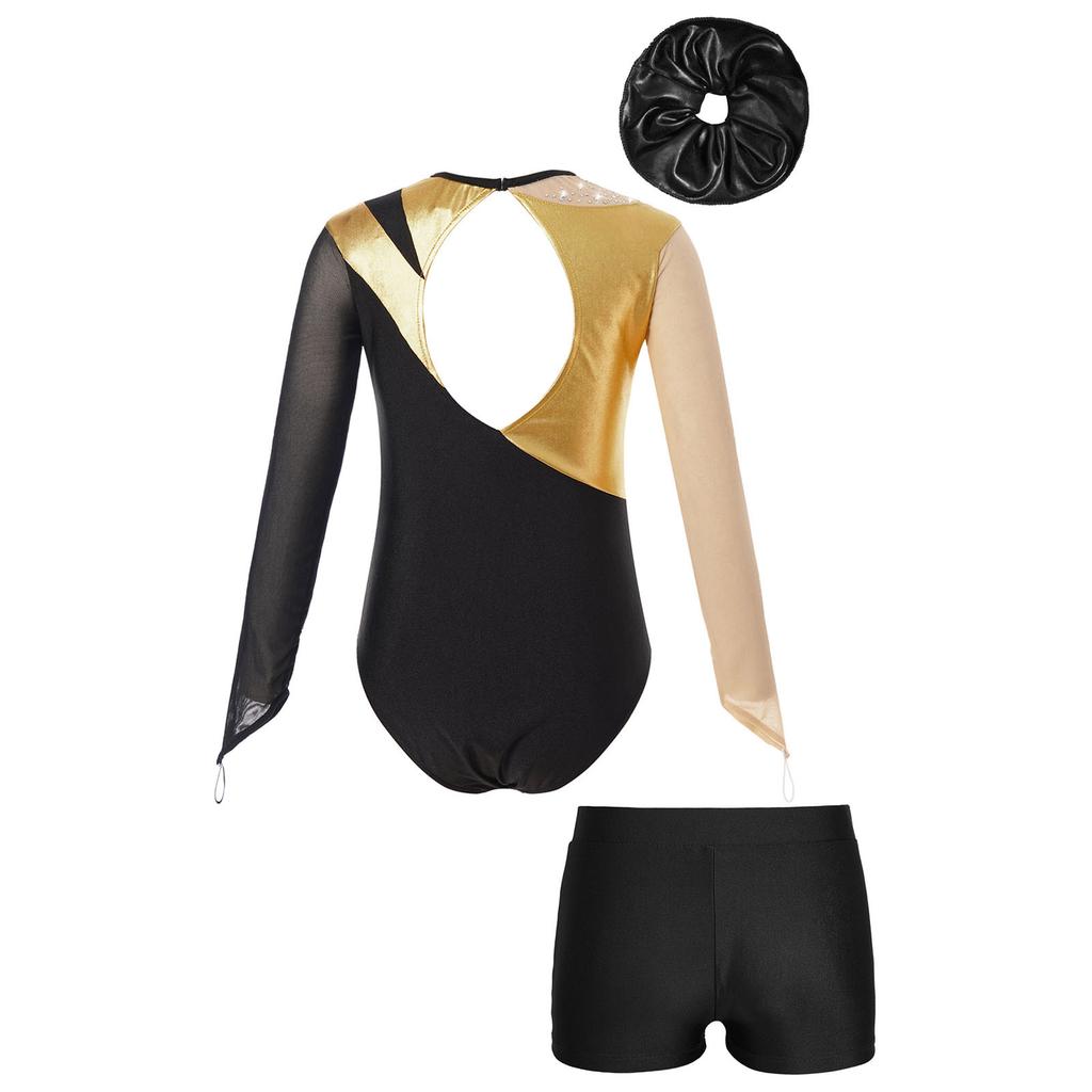 Kids Girls Gymnastic Leotard Long Sleeve Mesh Keyhole Back Design with V-Front Shorts Set
