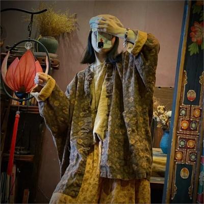 Женское модное свободное пальто в китайском стиле с длинным рукавом и льняным принтом в стиле ретро, ​​осеннее пальто с длинными рукавами и снежинками