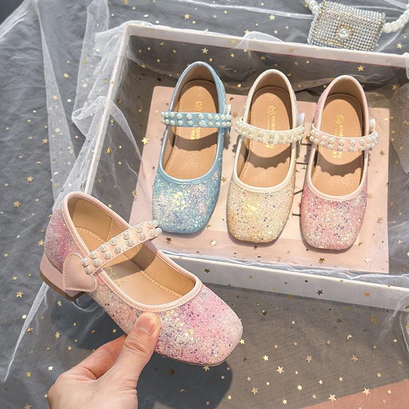 2026 Kids Princess Shoes Girls Low-top Magic Strap Pearl Glitter Crystal Soft Sole Dress