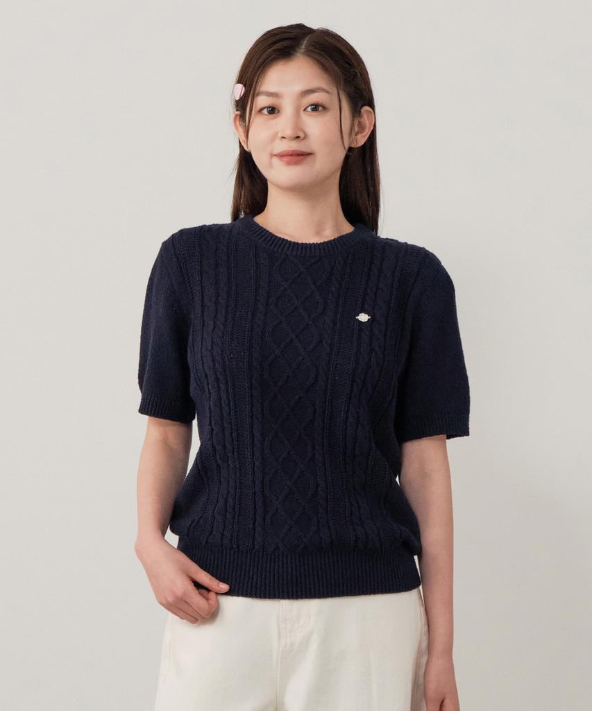 COVERNAT WOMAN Cable Round Neck Half Knit Navy