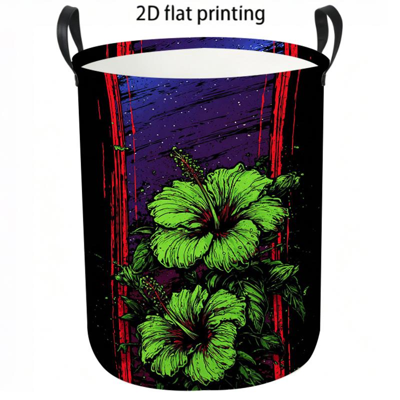 1pc Laundry Basket, Neon Green Hibiscus Flower Print Dirty Clothes Hamper, Casual Tropical Style Storage Bin with Reinforced Handles, Large Capacity C