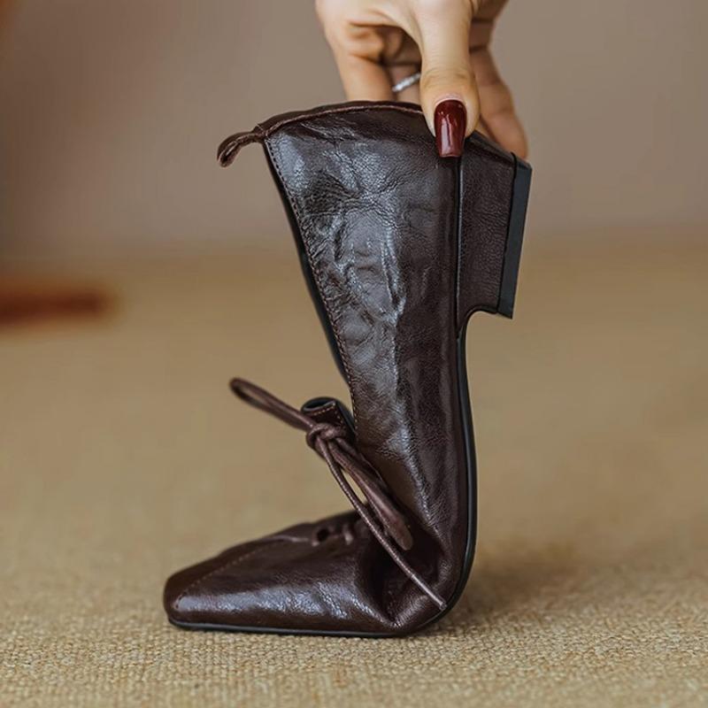 Women's Low Heel Shoes Spring New Square Head Deep Mouth Before Lacing Waterproof Anti-slip Wear-resistant Low Top Shoes