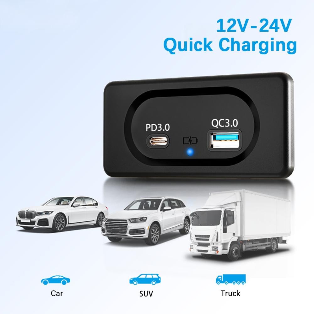 PD3.0 Type-C Port Adapter Car USB Outlet Dual USB Charger Outlet Quick Charge Panel Wall Mount LED Light 12/24V For Camper Caravan Boat Bus Truck
