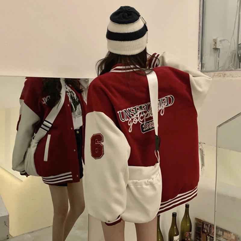 Осень-зима большие теплые куртки-бомберы женские с буквенным принтом и вышивкой университетская бейсбольная куртка винтажные свободные уличные пальто