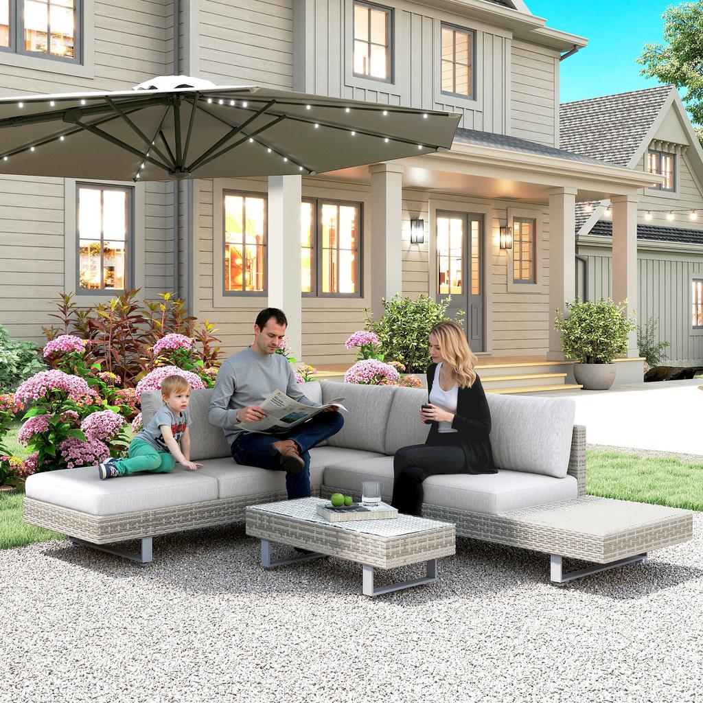Three-Piece Rattan Sofa Set, with Cushions - Grey