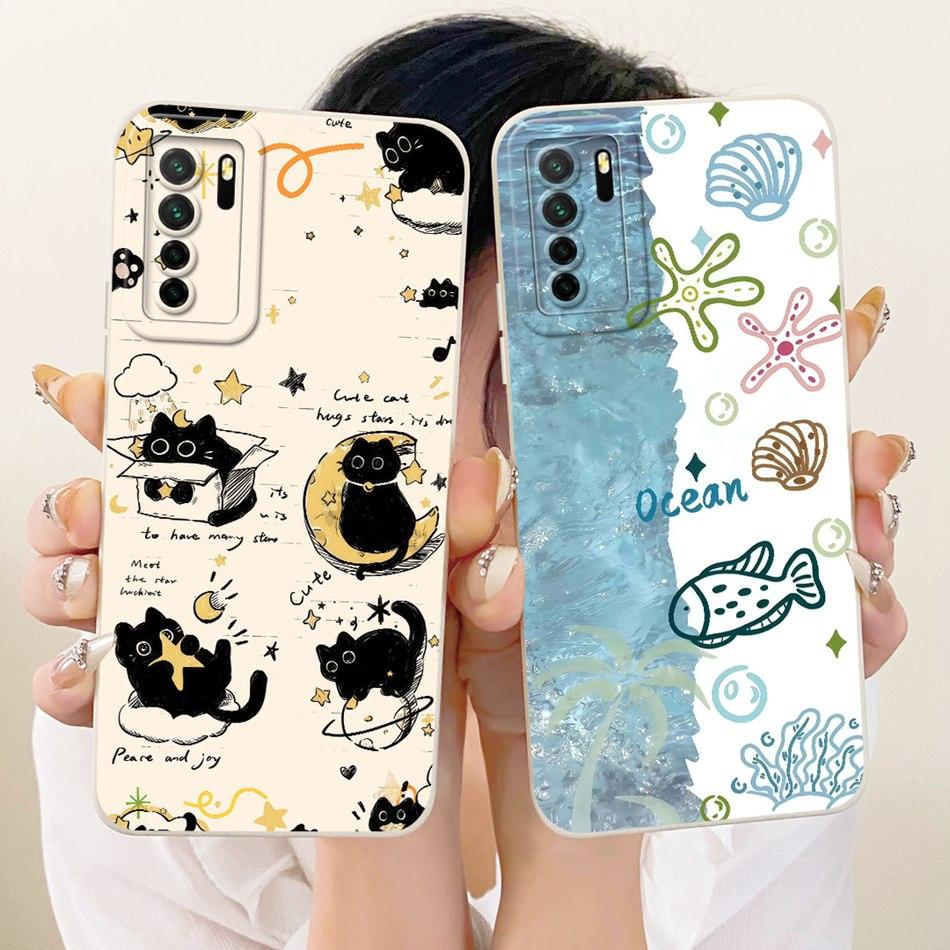 For Huawei Nova 7 SE 5G / P40 Lite (5G) CDY-NX9A CDY-NX9B Cute Cat Flower Cartoon Phone Case Shockproof Soft Silicone Bumpers