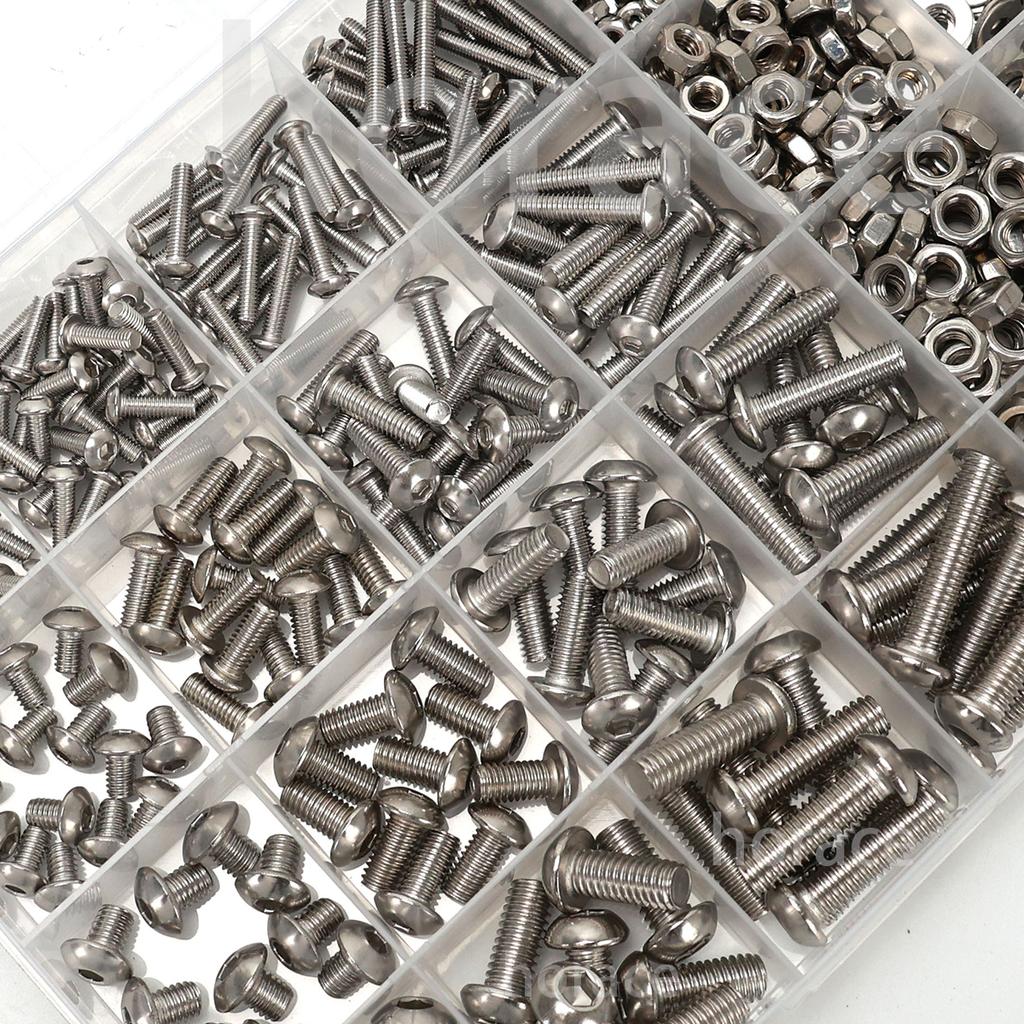 880pcs-stainless steel round cup hex bolt, nut, and washer set - M2-M5 sizes, includes hex wrench, suitable for DIY and repair.