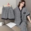 Pajamas Three-Piece Spring and Summer Loose Cardigan Cute Sweet Homewear Casual and Comfortable Thousand Birds Black Pajama Set