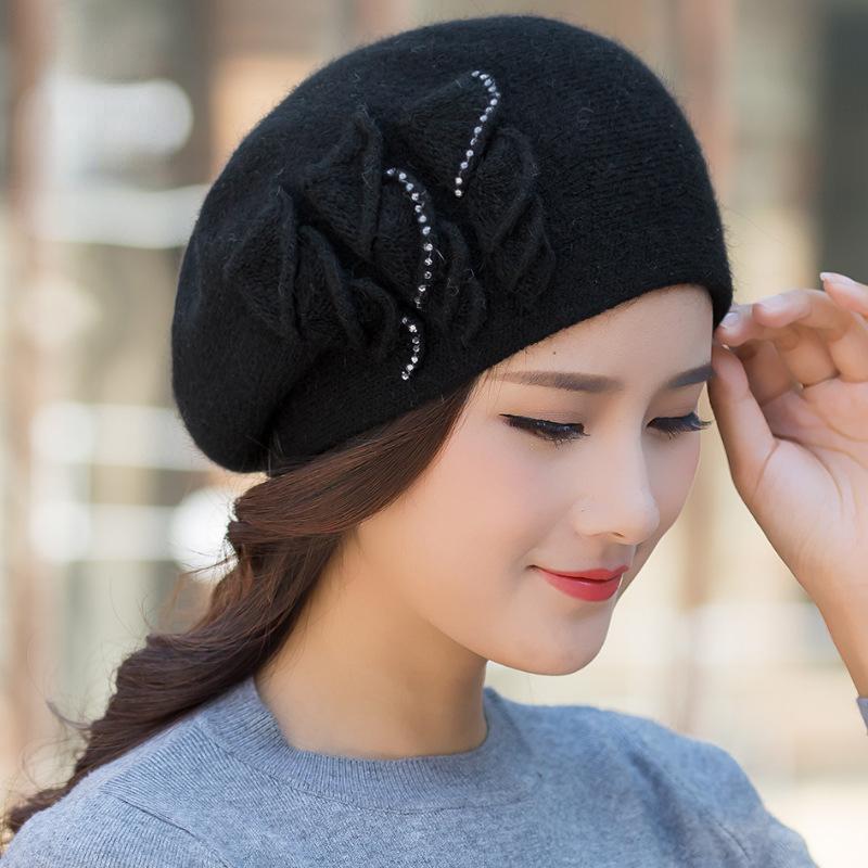Осенне-зимняя шерстяная шапка, женская кепка, корейская элегантная модная теплая двухслойная тканая берет из кроличьей шерсти