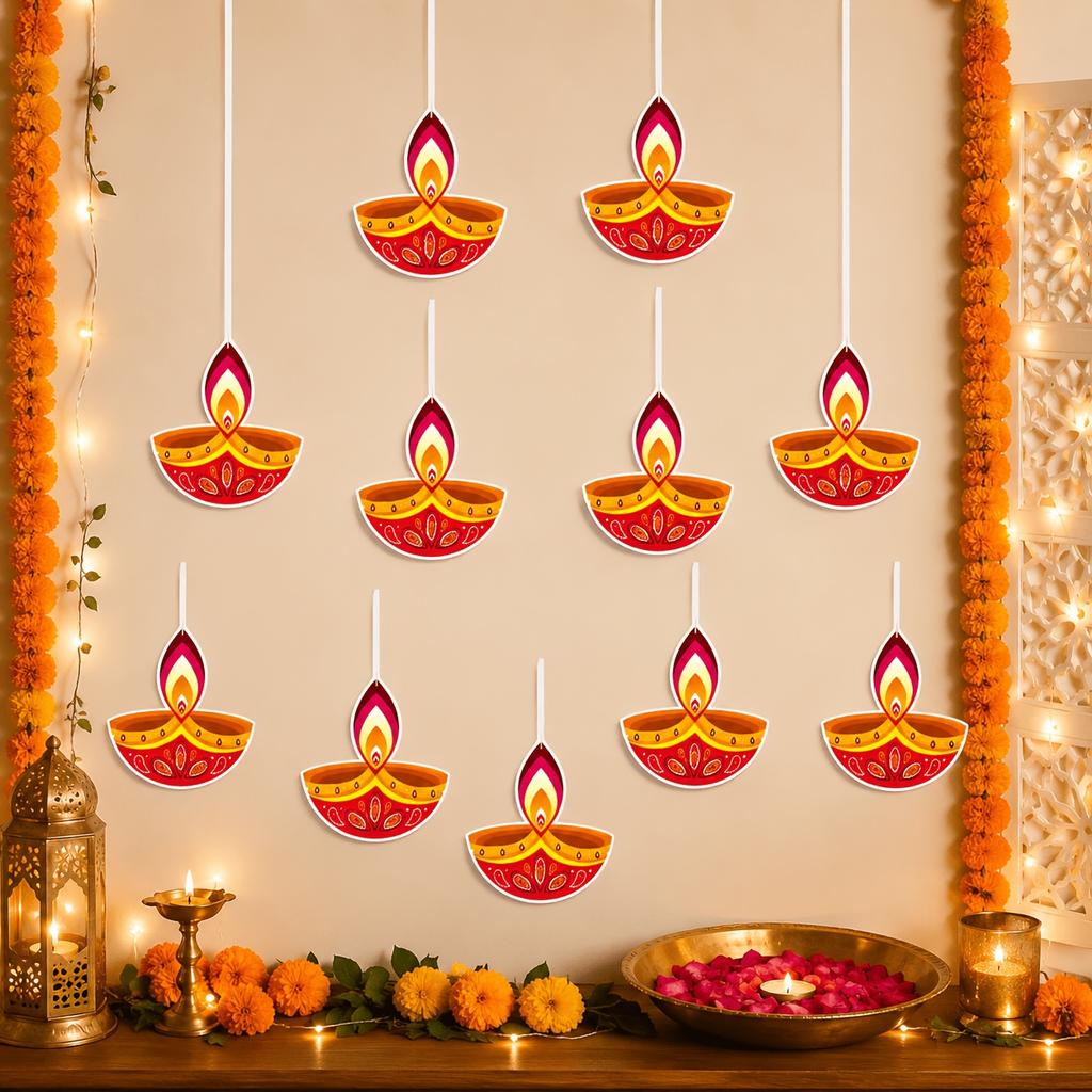 Paper Diwali Diya Oil Lamp Hanging Banner, 10 Pcs Colorful Decorations with White Flat String for Home Wall Party